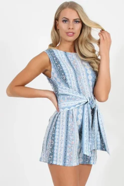 Rebellious Fashion Blue Floral Pattern Tie Waist Playsuit - Molly