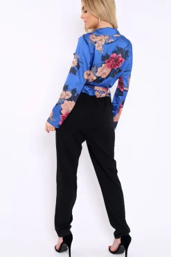 Rebellious Fashion Blue Floral Plunge Satin Wrap Front Jumpsuit - Talulah
