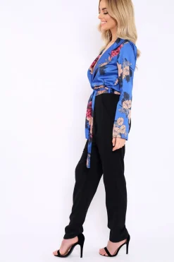Rebellious Fashion Blue Floral Plunge Satin Wrap Front Jumpsuit - Talulah
