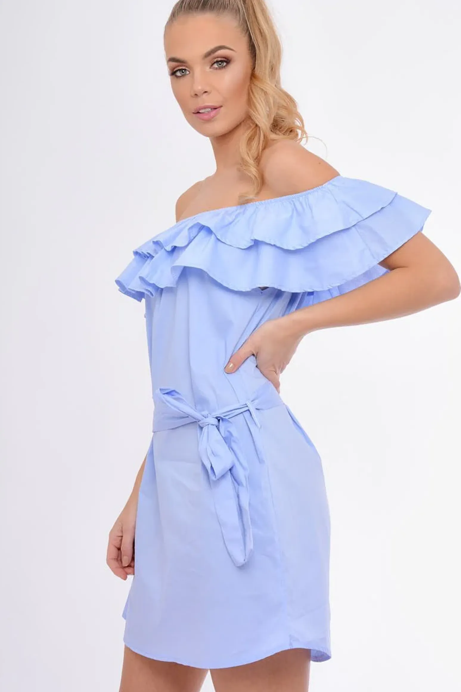 Rebellious Fashion Blue Frill Bardot Tie Waist Shirt Dress - Ally