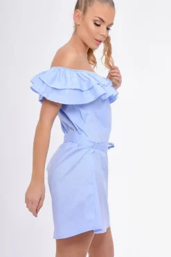 Rebellious Fashion Blue Frill Bardot Tie Waist Shirt Dress - Ally