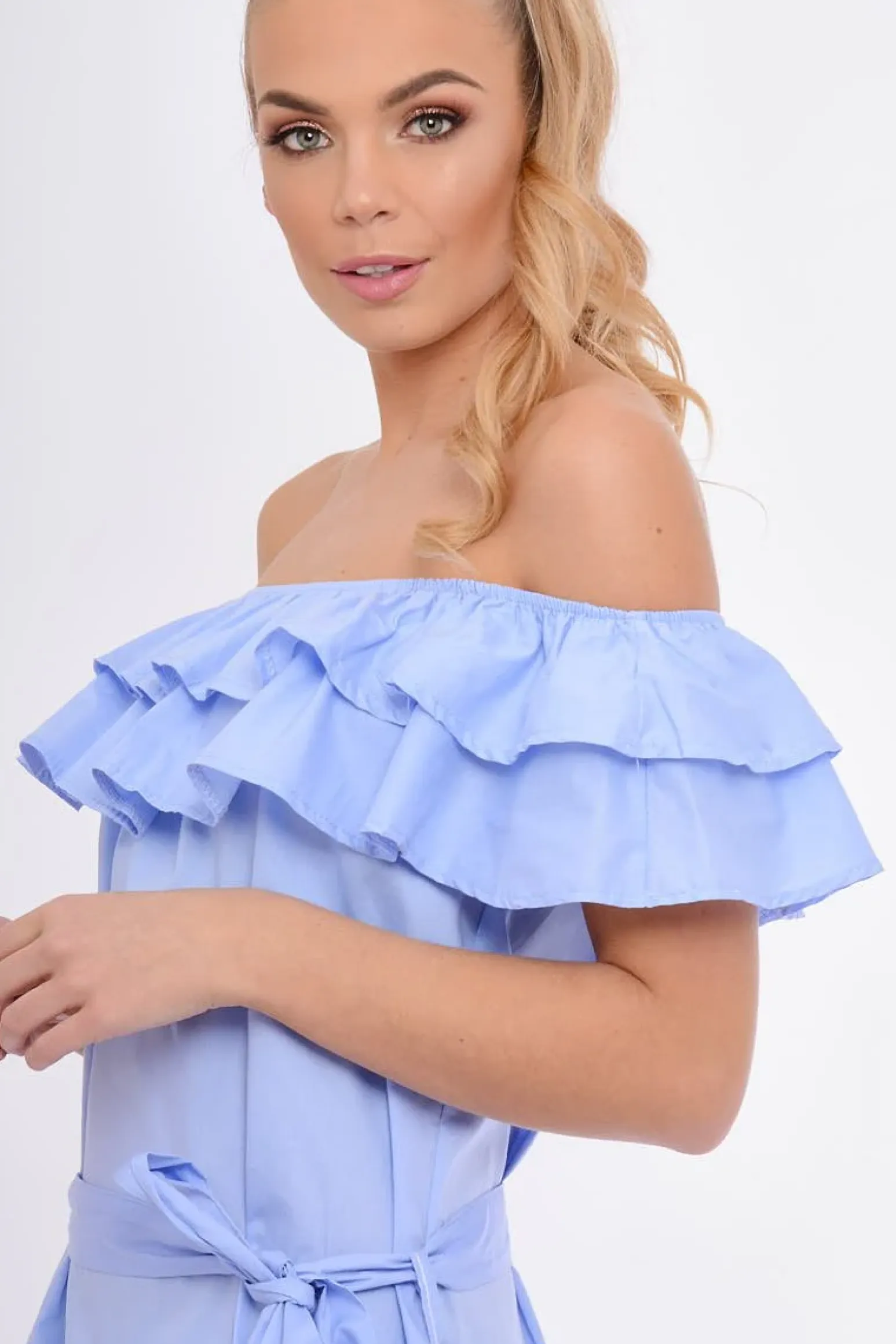 Rebellious Fashion Blue Frill Bardot Tie Waist Shirt Dress - Ally