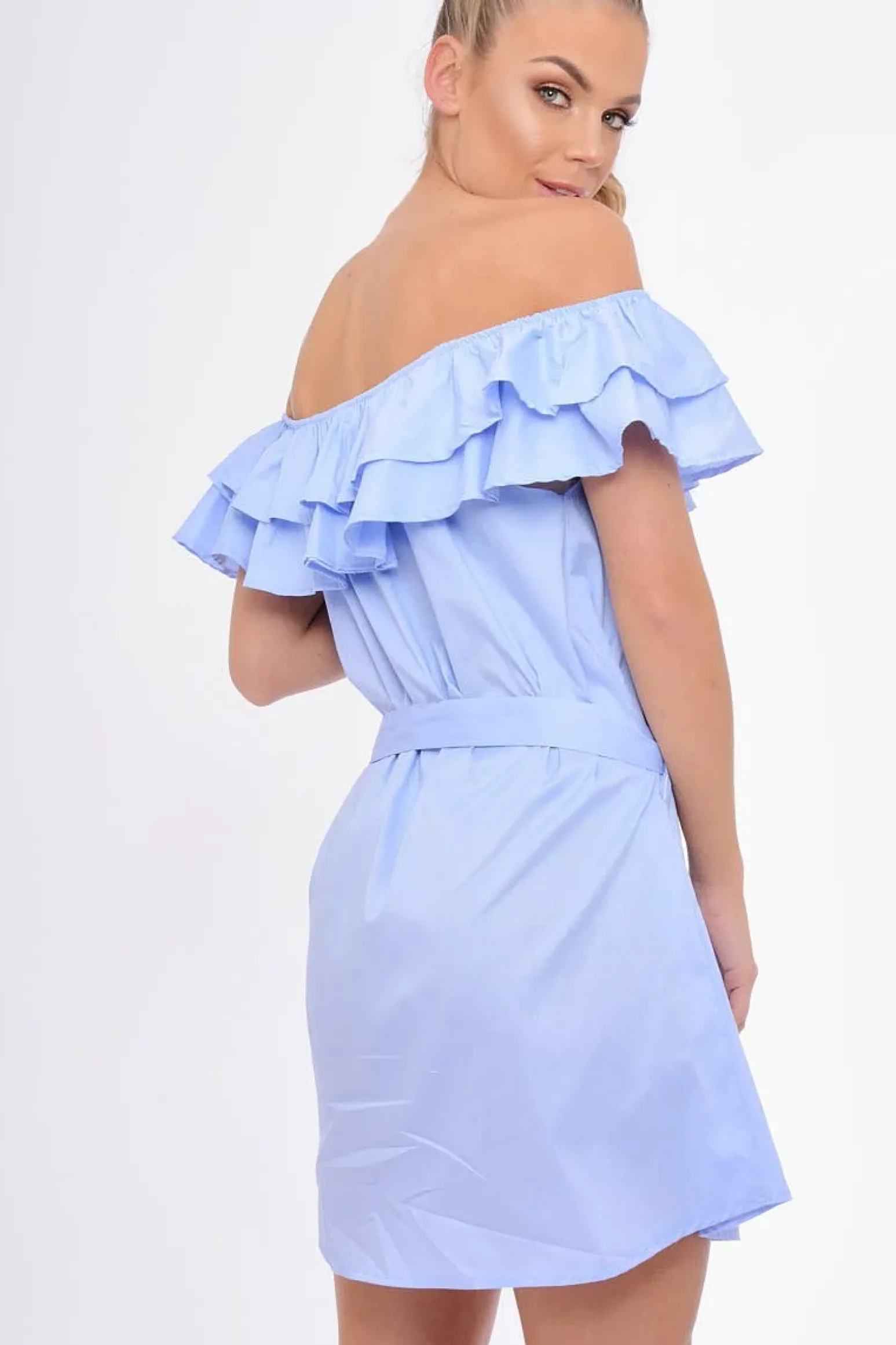 Rebellious Fashion Blue Frill Bardot Tie Waist Shirt Dress - Ally