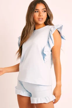 Rebellious Fashion Blue Frill Hem T-shirt Short Loungewear Co-ord - Daleiza