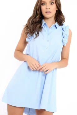 Rebellious Fashion Blue Frill Sleeve Dip Hem Shirt Dress - Camilie