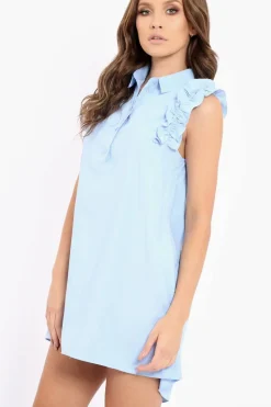 Rebellious Fashion Blue Frill Sleeve Dip Hem Shirt Dress - Camilie