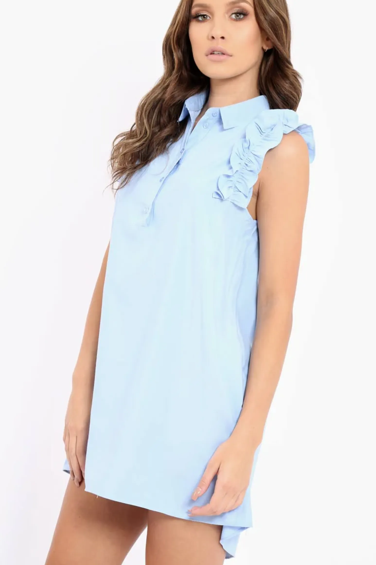 Rebellious Fashion Blue Frill Sleeve Dip Hem Shirt Dress - Camilie