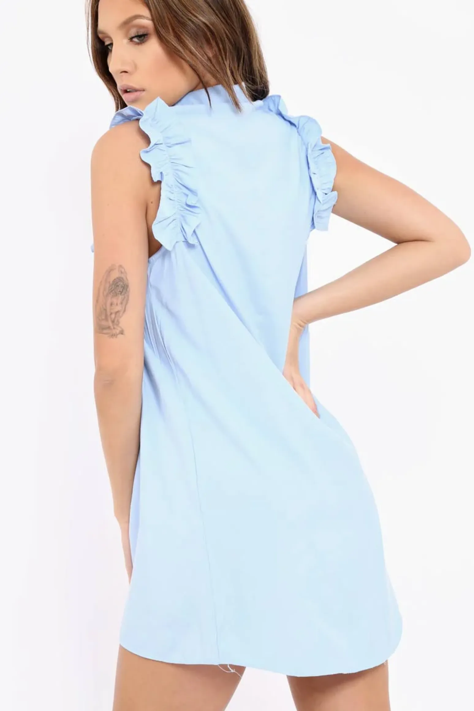 Rebellious Fashion Blue Frill Sleeve Dip Hem Shirt Dress - Camilie