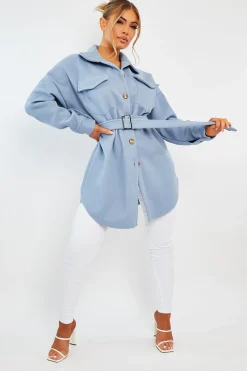 Rebellious Fashion Blue Front Pocket Belted Shacket - Ranessa