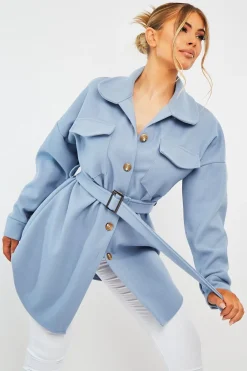 Rebellious Fashion Blue Front Pocket Belted Shacket - Ranessa