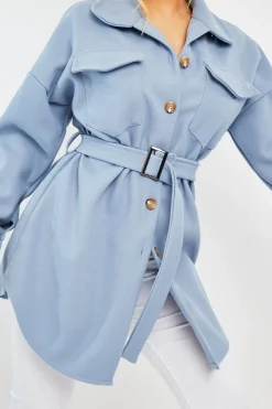 Rebellious Fashion Blue Front Pocket Belted Shacket - Ranessa