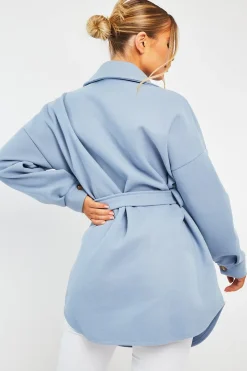 Rebellious Fashion Blue Front Pocket Belted Shacket - Ranessa