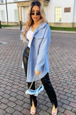 Rebellious Fashion Blue Front Pocket Belted Shacket - Ranessa