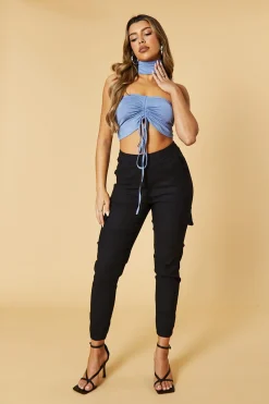 Rebellious Fashion Blue Front Ruched Choker Neck Cropped Top - Nara