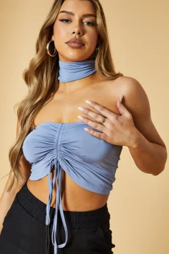 Rebellious Fashion Blue Front Ruched Choker Neck Cropped Top - Nara