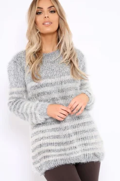 Rebellious Fashion Blue Fur Knit Stripe Jumper - Sicily