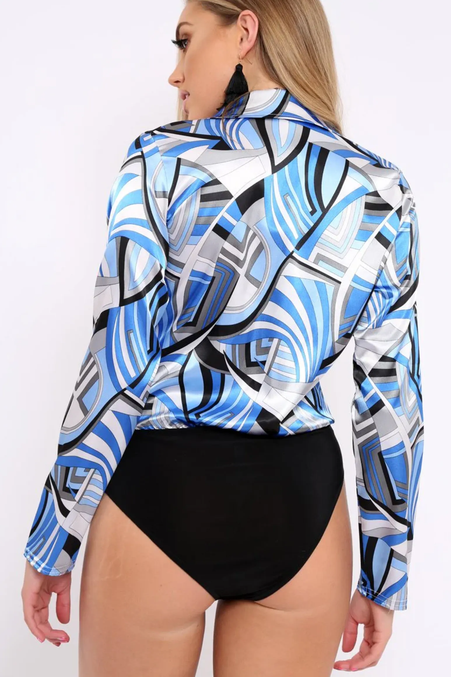Rebellious Fashion Blue Geometric Print Plunge Satin Bodysuit - Hetty