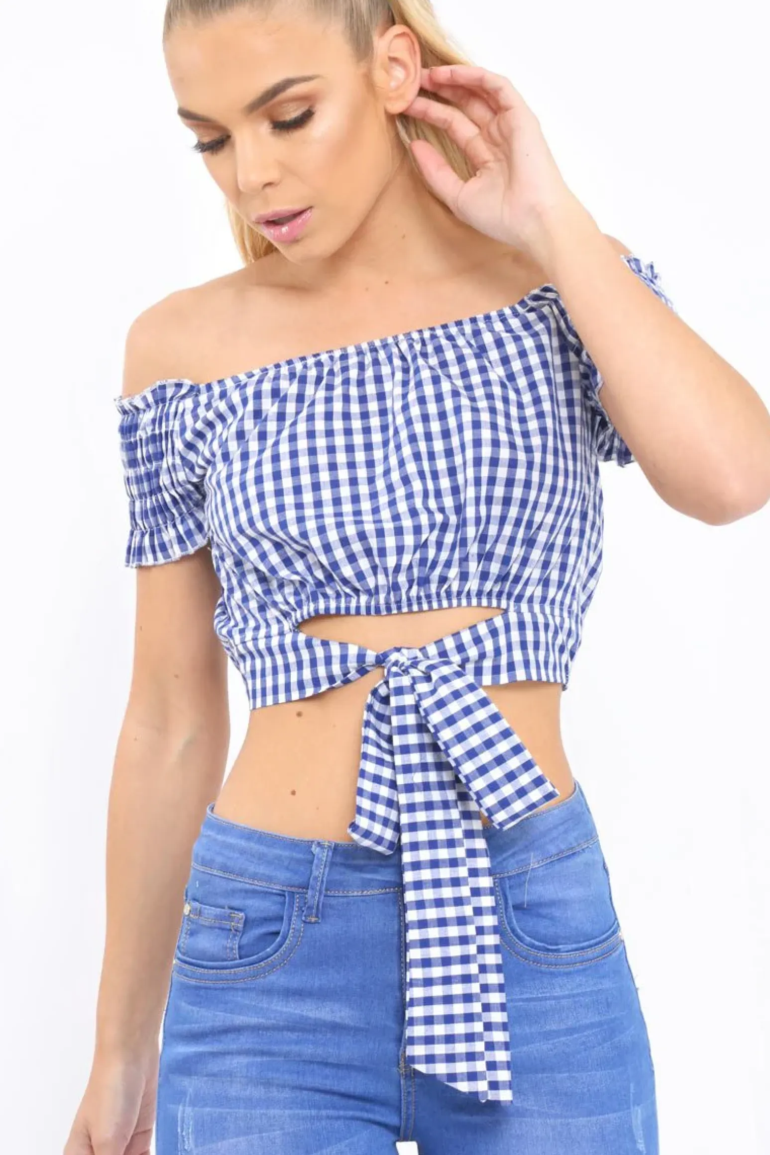 Rebellious Fashion Blue Gingham Bardot Wrap Around Crop Top - Rozanne