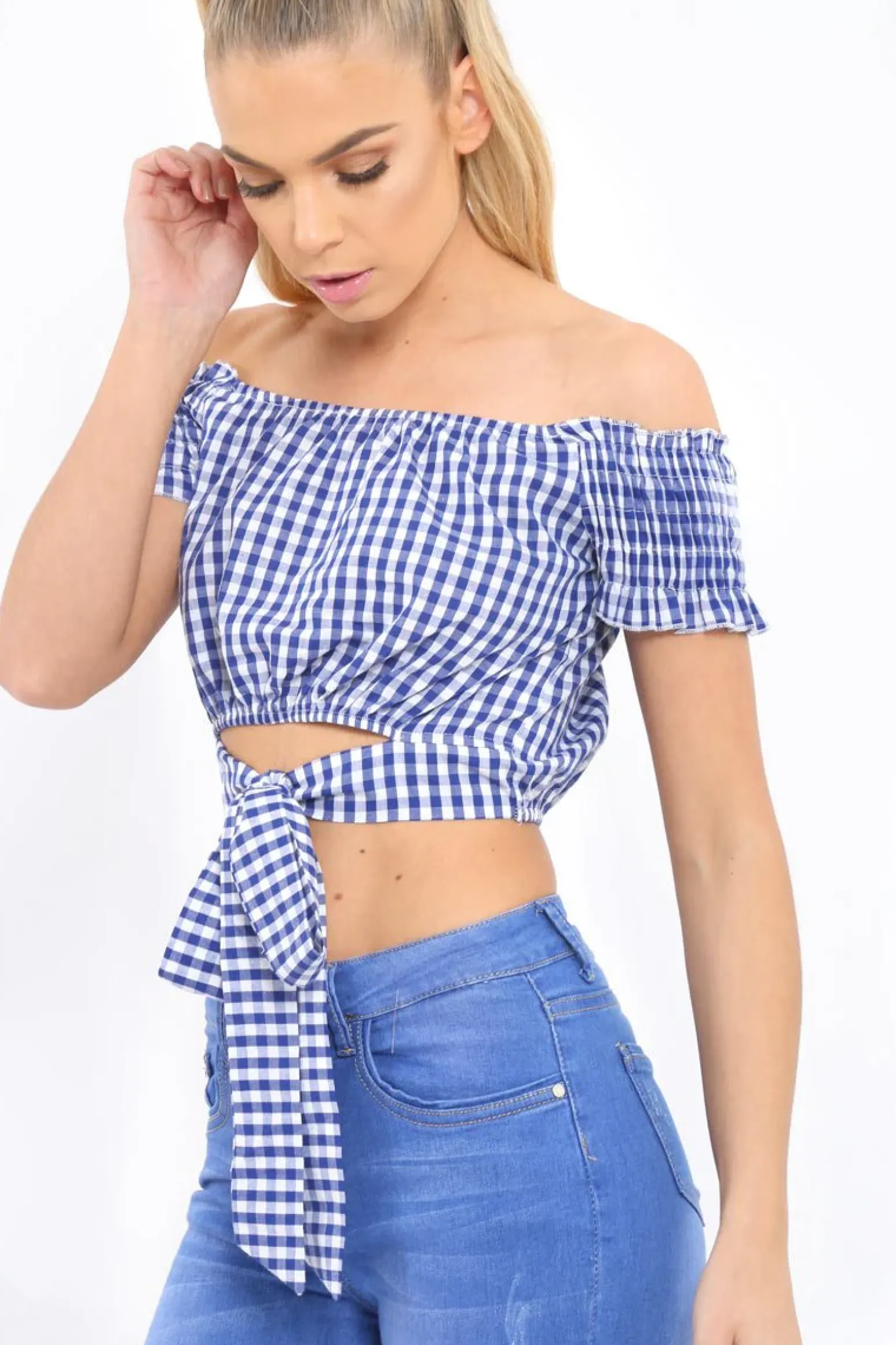 Rebellious Fashion Blue Gingham Bardot Wrap Around Crop Top - Rozanne