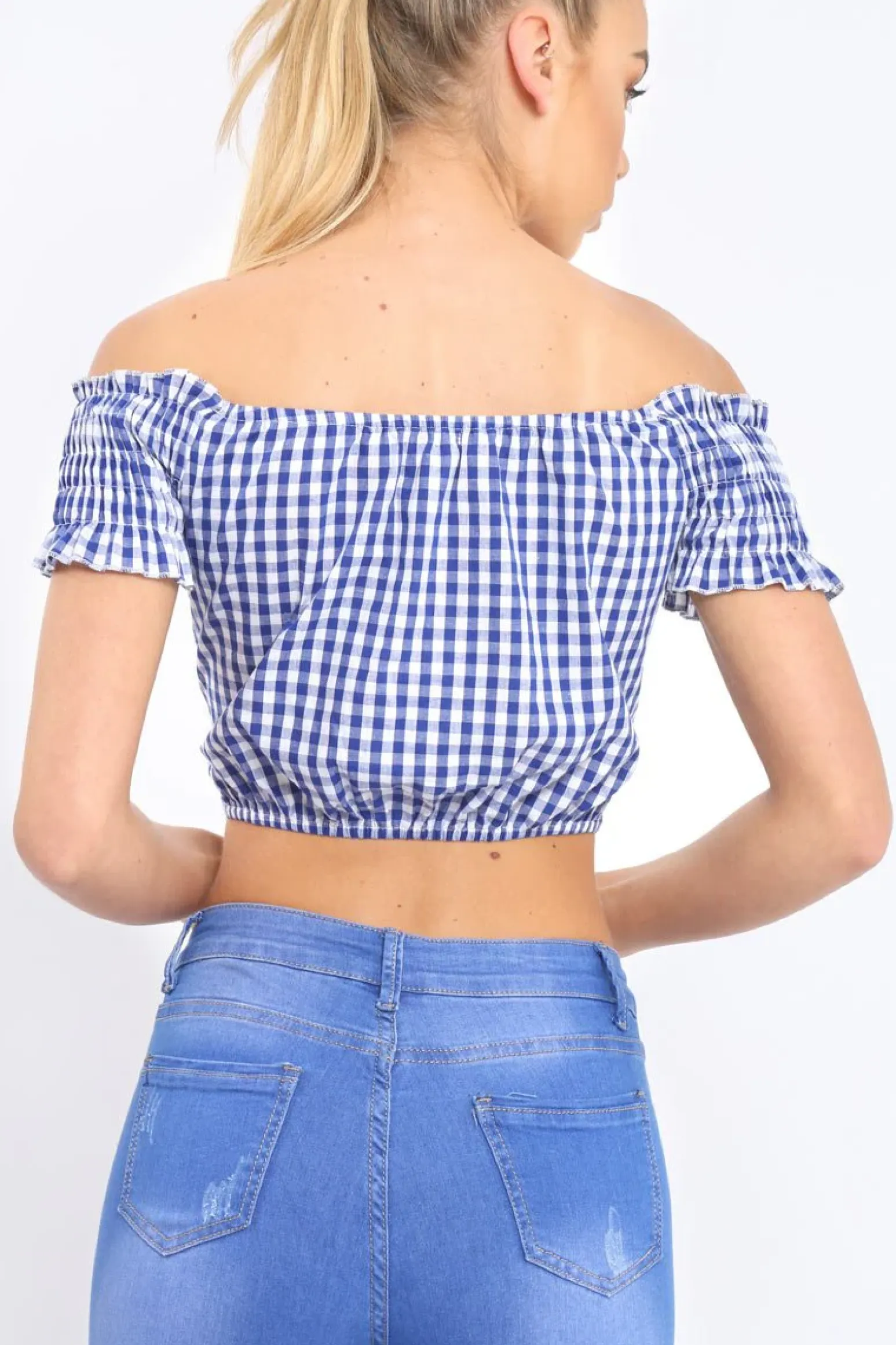 Rebellious Fashion Blue Gingham Bardot Wrap Around Crop Top - Rozanne