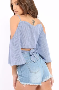 Rebellious Fashion Blue Gingham Cold Shouler Tie Back Crop Top - Leela
