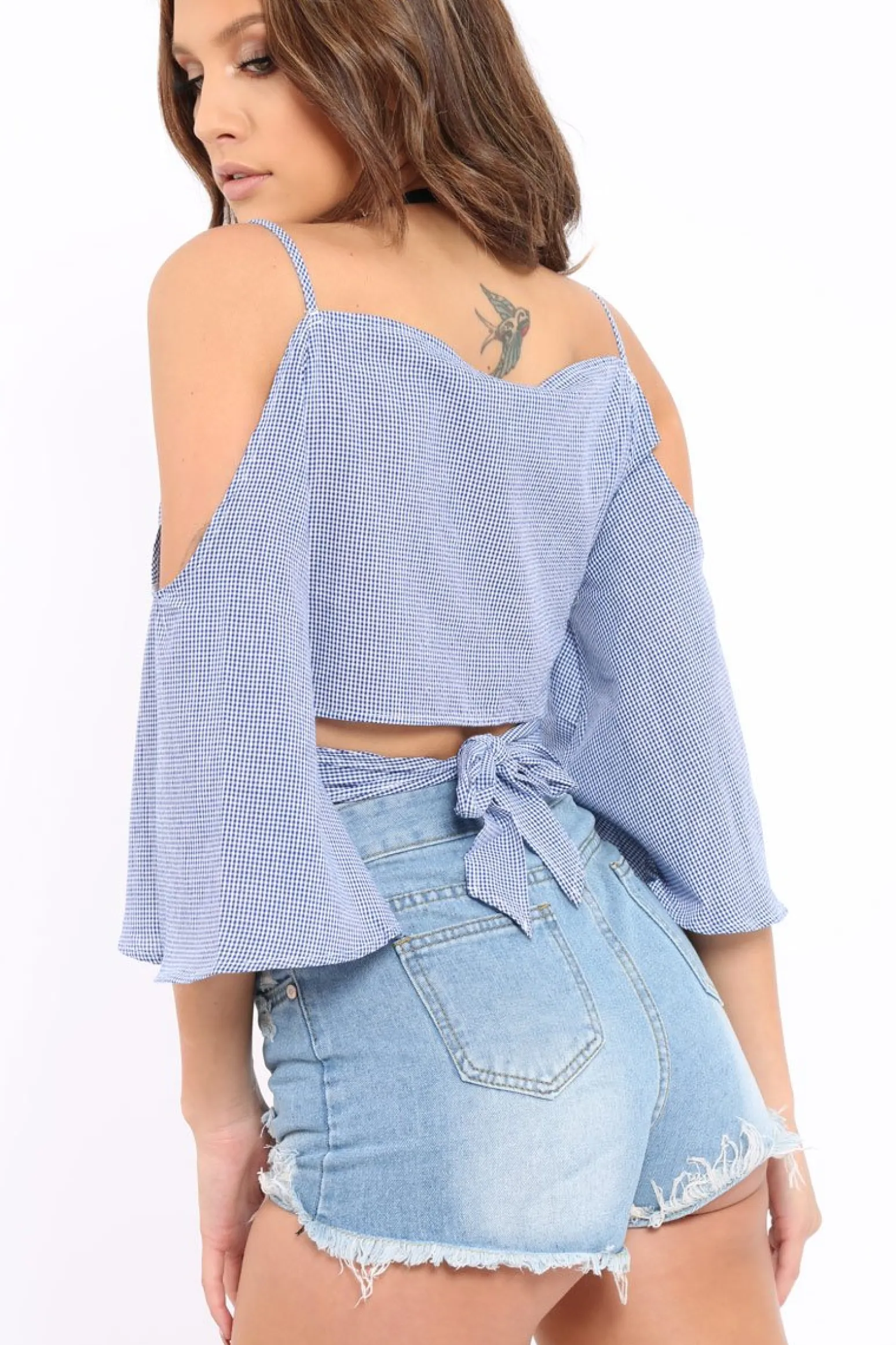Rebellious Fashion Blue Gingham Cold Shouler Tie Back Crop Top - Leela