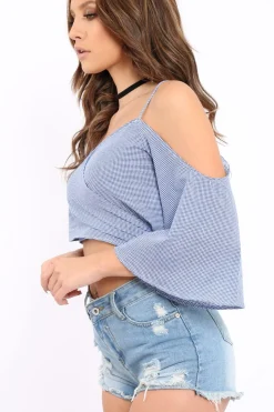Rebellious Fashion Blue Gingham Cold Shouler Tie Back Crop Top - Leela