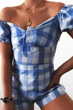 Rebellious Fashion Blue Gingham Tie Front Puff Sleeve Playsuit - Davey