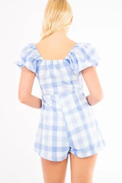 Rebellious Fashion Blue Gingham Tie Front Puff Sleeve Playsuit - Davey