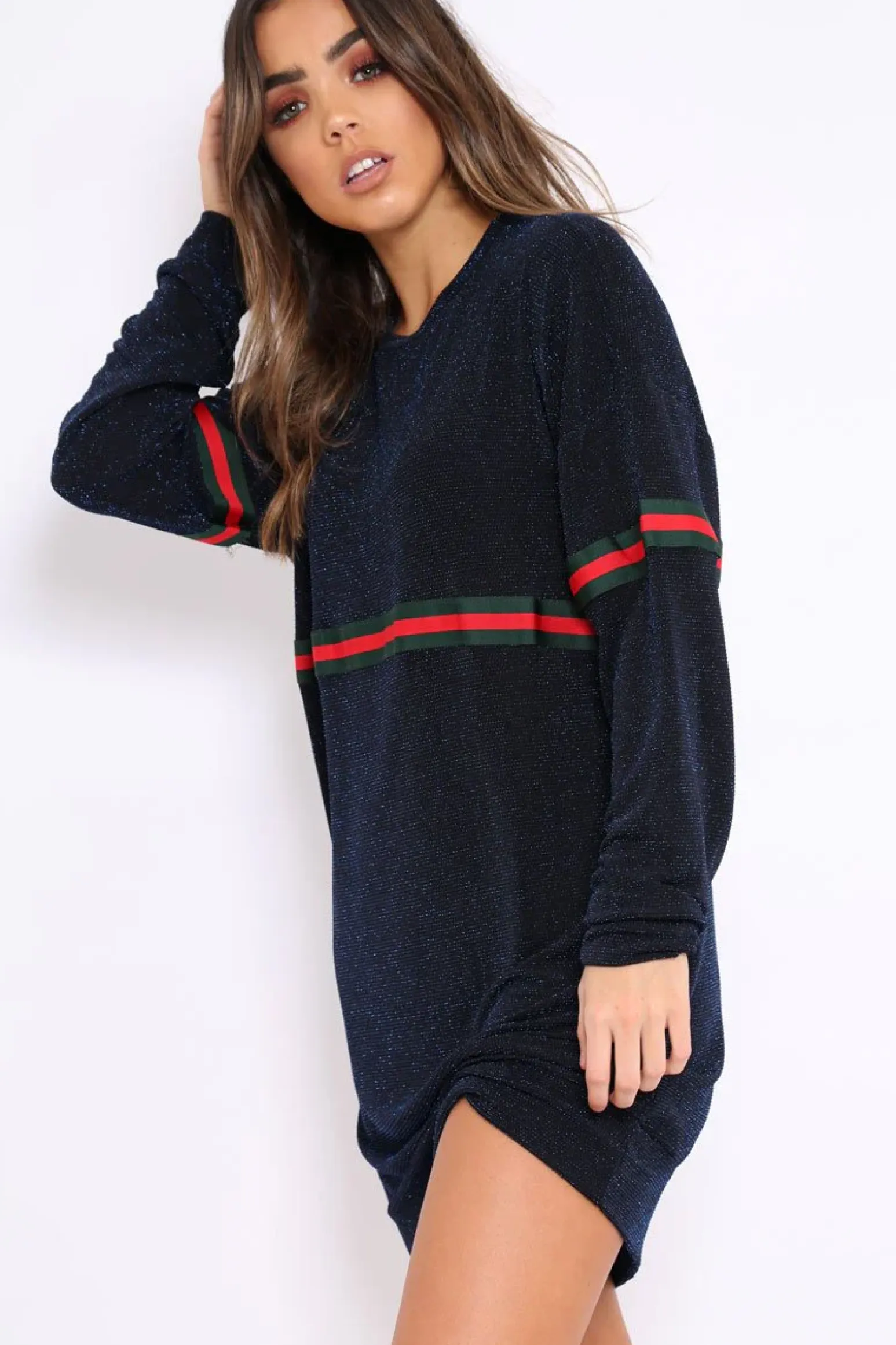 Rebellious Fashion Blue Glitter Stripe Jumper Dress - Finley