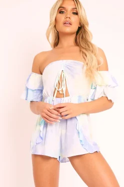 Rebellious Fashion Blue Green Tie Dye Frill Detail Cut Out Playsuit - Jaira