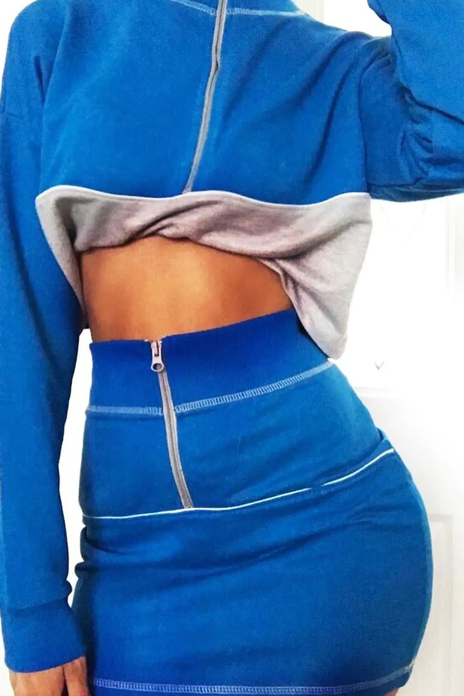 Rebellious Fashion Blue Grey Cropped Zip Jumper Skirt Co-ord - Hestia