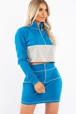 Rebellious Fashion Blue Grey Cropped Zip Jumper Skirt Co-ord - Hestia