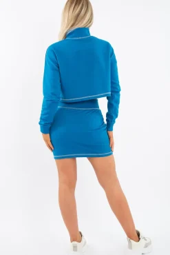 Rebellious Fashion Blue Grey Cropped Zip Jumper Skirt Co-ord - Hestia