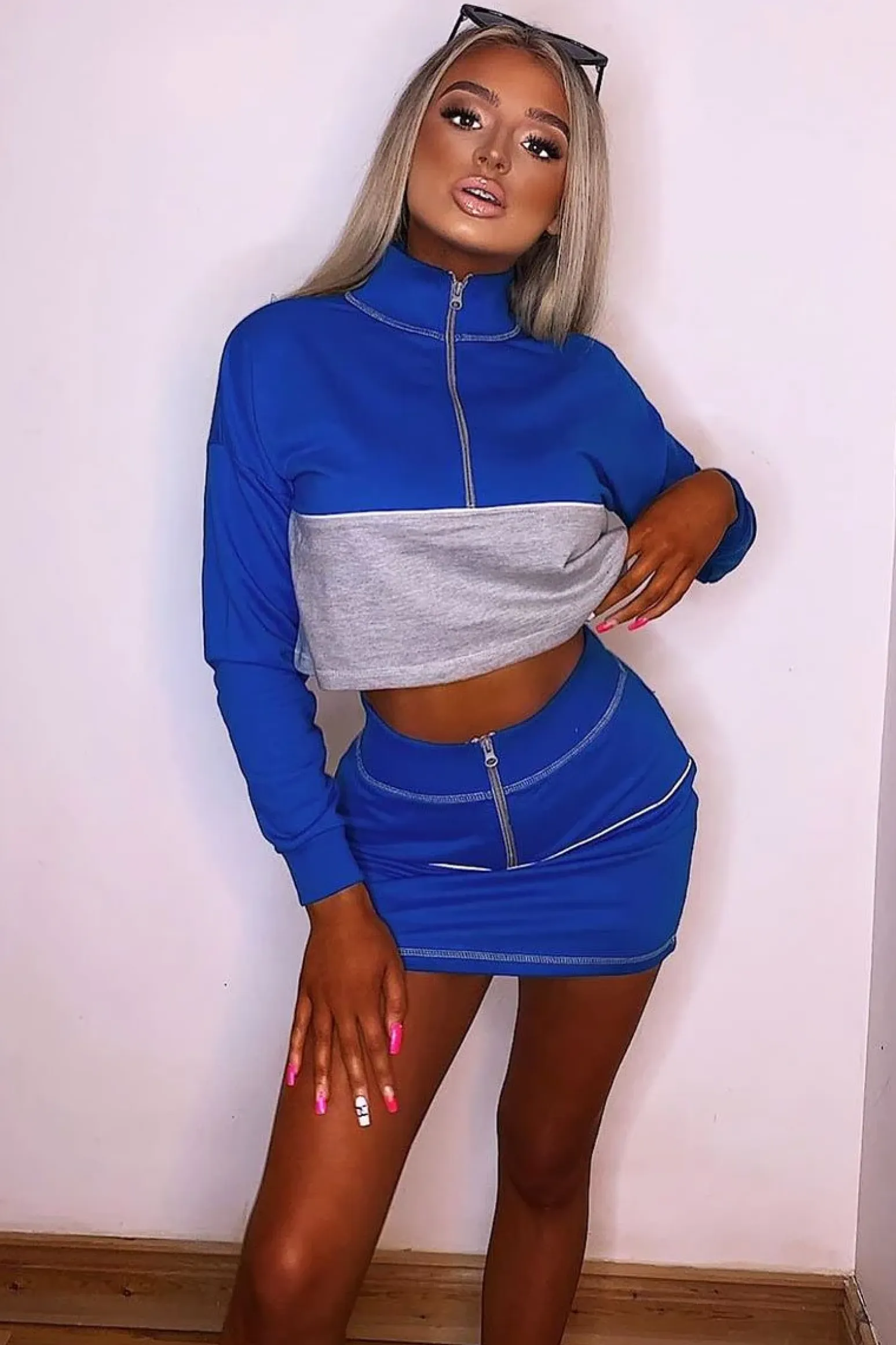 Rebellious Fashion Blue Grey Cropped Zip Jumper Skirt Co-ord - Hestia