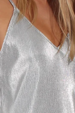 Rebellious Fashion Blue Grey Pleated Metallic Slip Dress - Peaches