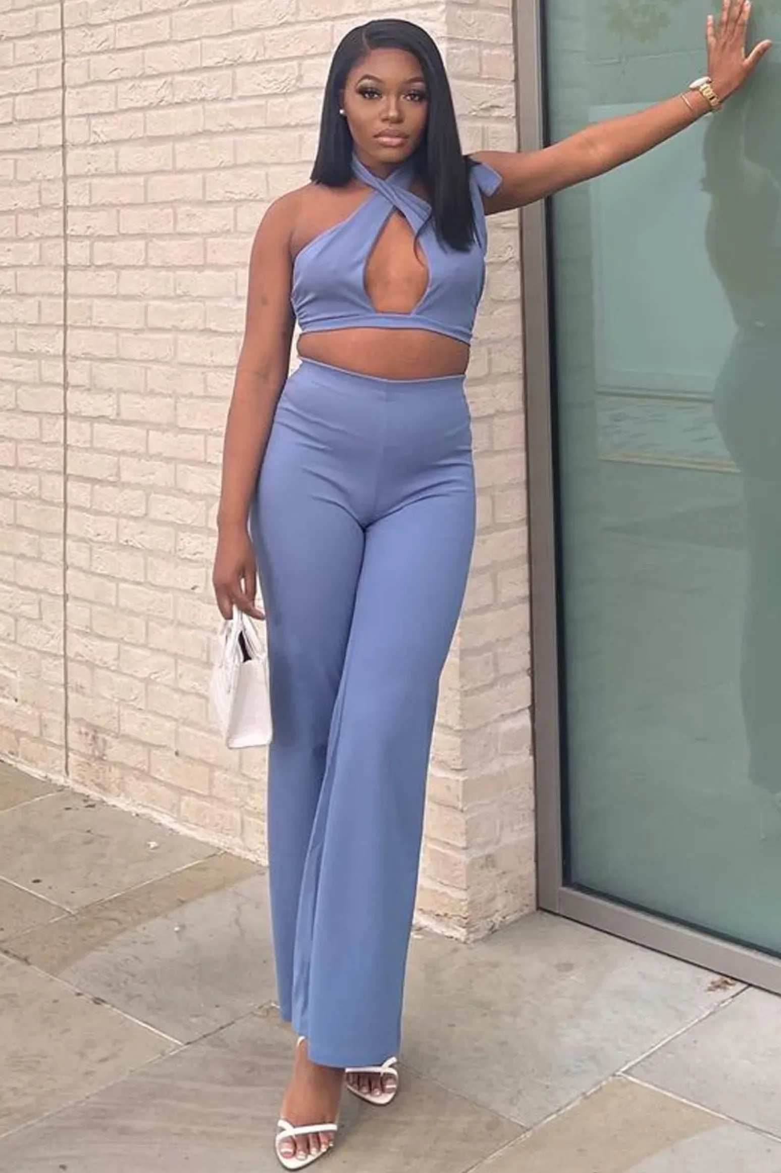 Rebellious Fashion Blue Halter Neck Crop Top + High Waist Flare Trouser Set - Sheri