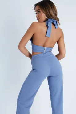 Rebellious Fashion Blue Halter Neck Crop Top + High Waist Flare Trouser Set - Sheri