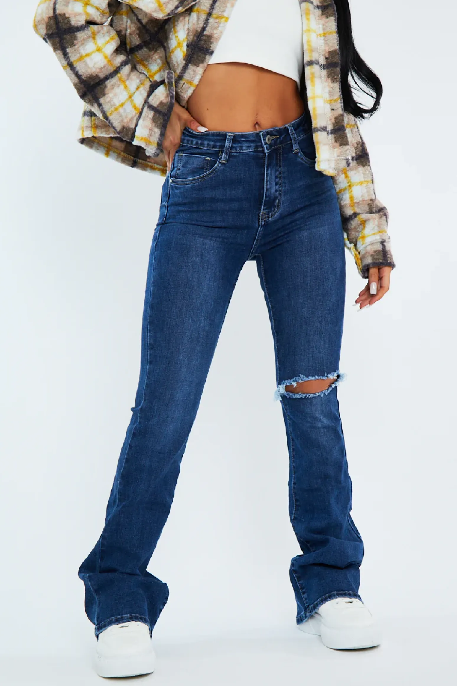 Rebellious Fashion Blue High Waist Distressed Knee Flare Jeans - Carlee