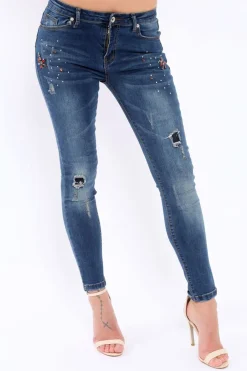 Rebellious Fashion Blue Jewelled and Distressed Jeans - Kasi