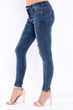 Rebellious Fashion Blue Jewelled and Distressed Jeans - Kasi