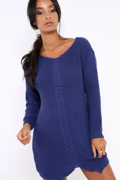 Rebellious Fashion Blue Jumper Dress with Twist Knit Detail - Antonia