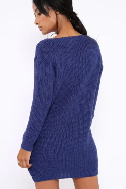 Rebellious Fashion Blue Jumper Dress with Twist Knit Detail - Antonia