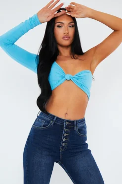 Rebellious Fashion Blue Knot Front One Sleeve Crop Top - Yeliz