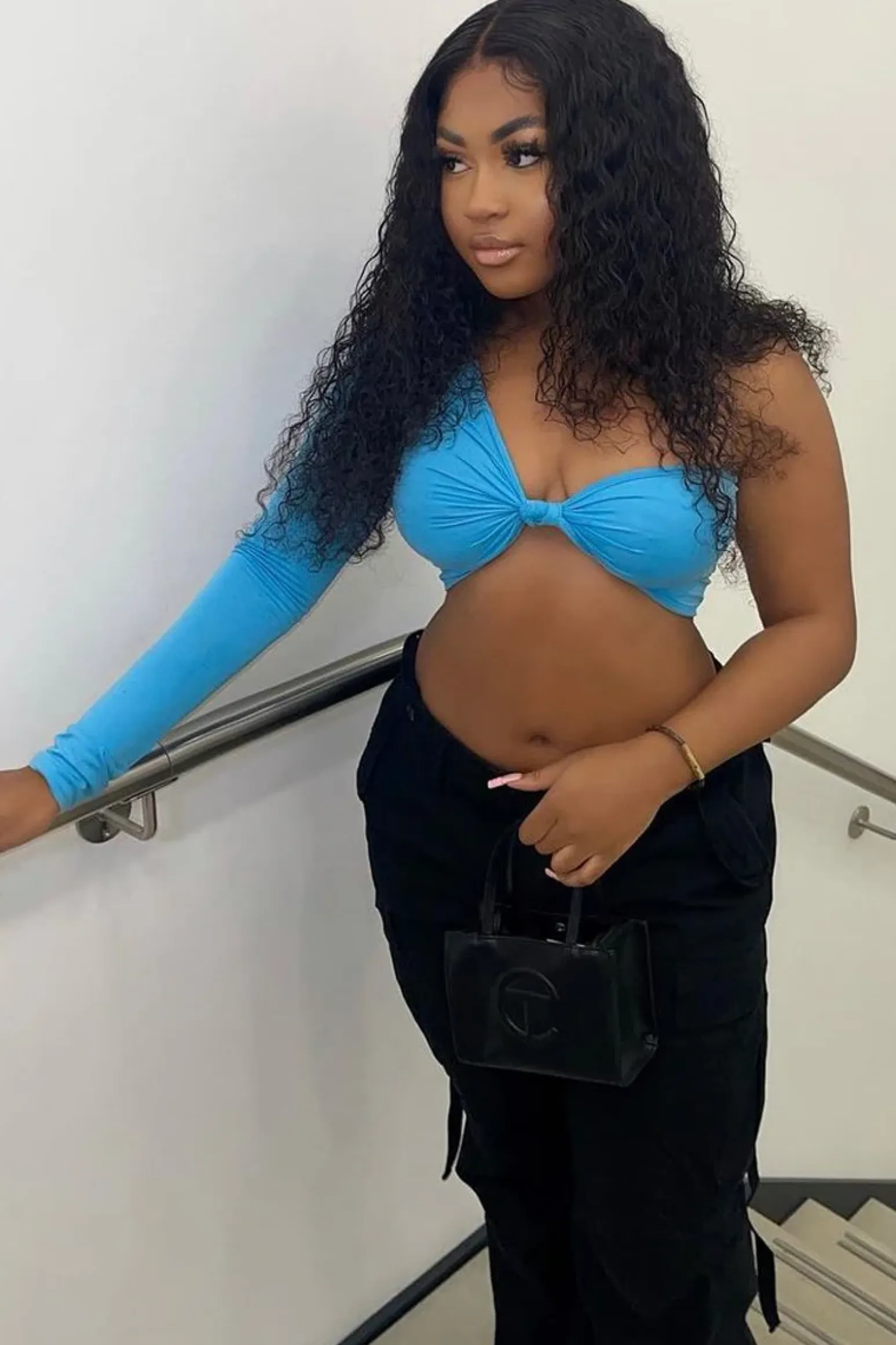 Rebellious Fashion Blue Knot Front One Sleeve Crop Top - Yeliz