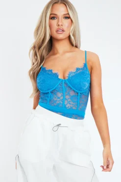 Rebellious Fashion Blue Lace Flower Bodysuit - Faylen