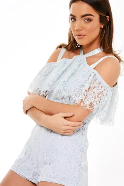 Rebellious Fashion Blue Lace Frill Playsuit - Gabrielle