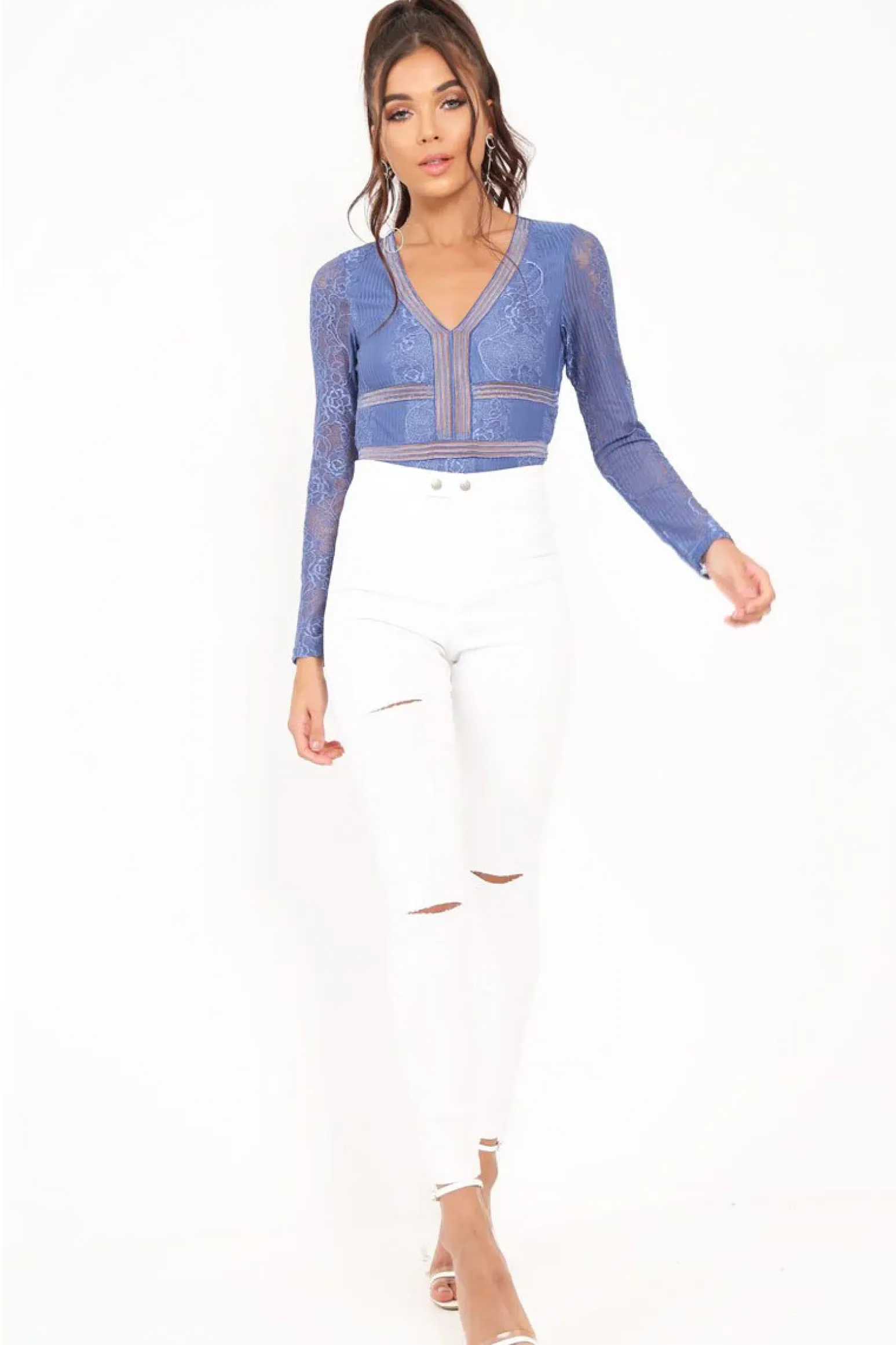 Rebellious Fashion Blue Lace Long Sleeve Open Back Bodysuit - Ellice