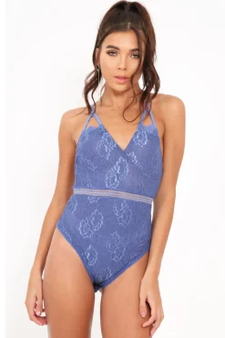 Rebellious Fashion Blue Lace Open Back Bodysuit - Naomie