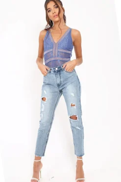 Rebellious Fashion Blue Lace Sleeveless Open Back Bodysuit - Molina